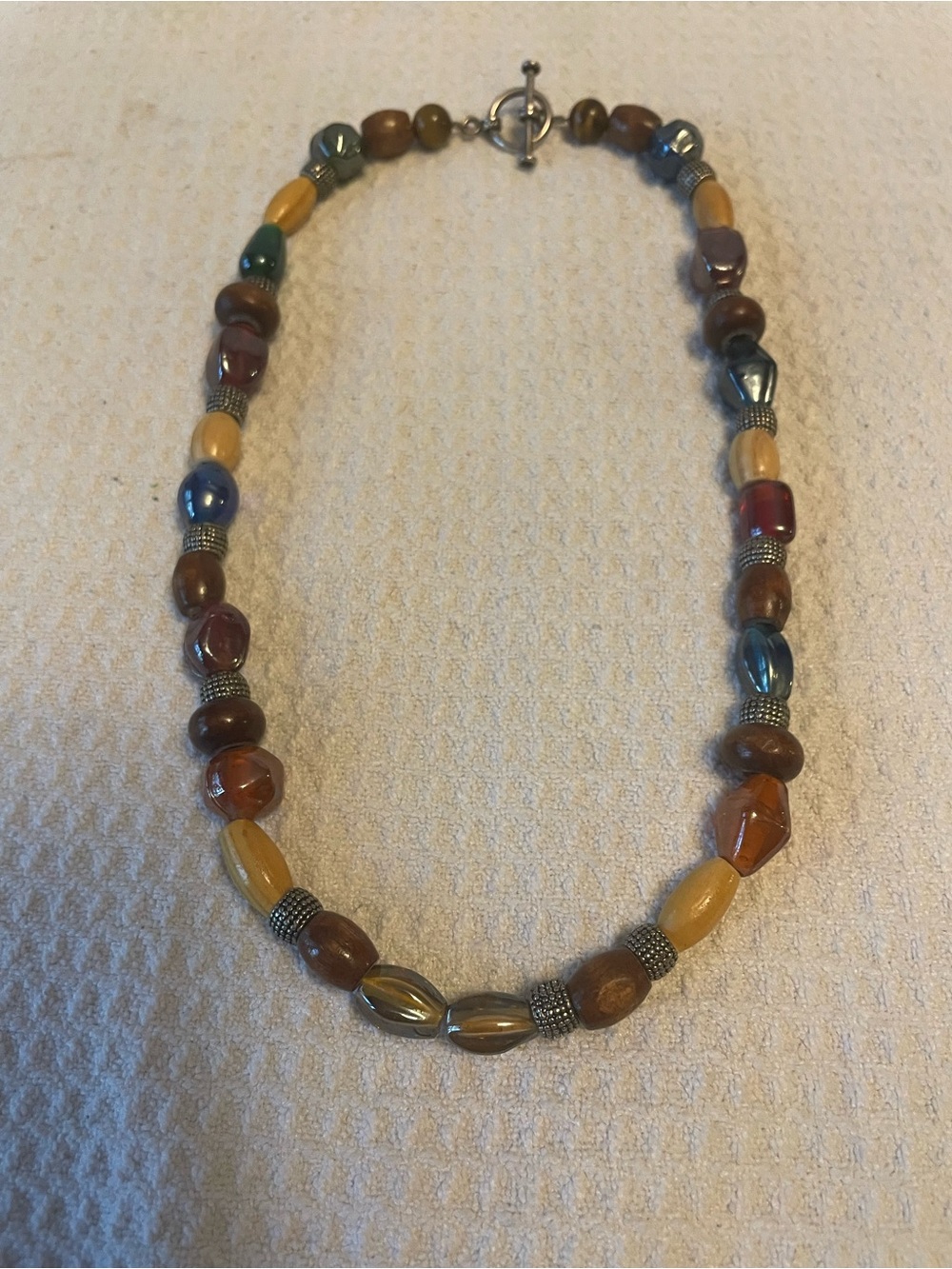 Handmade Multicolor Beaded Necklace - Warm Amber & Blue Accent